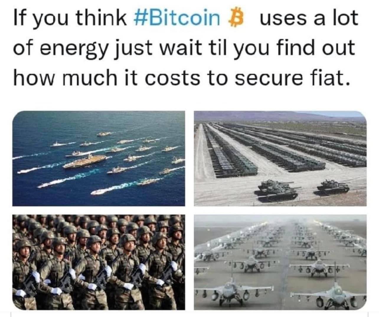 If you think #Bitcoin uses a lot of energy just wait til you find out how much it costs to secure fiat. 

by @Dennis_Porter_